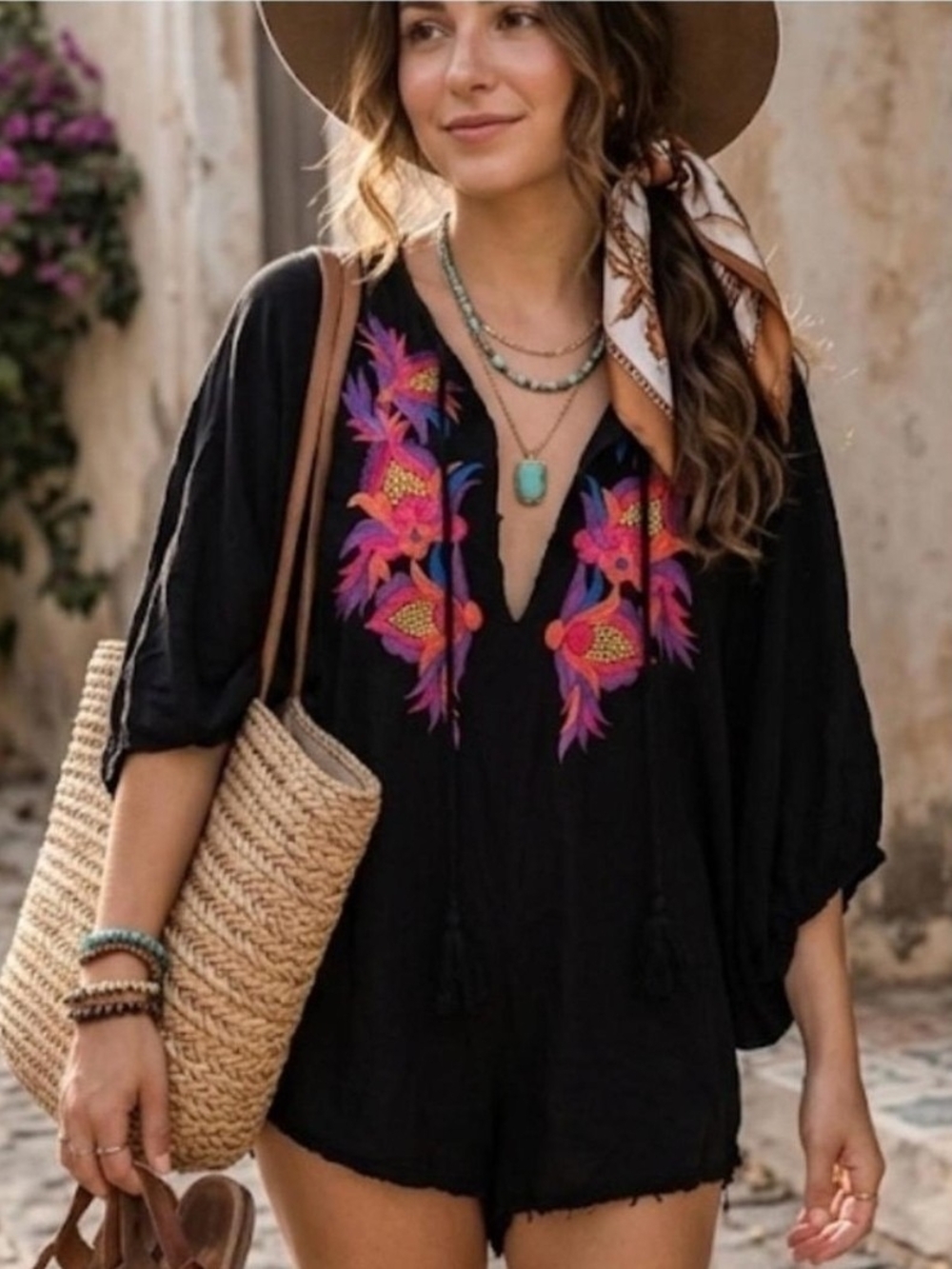 Free People Black Poncho Style Romper with Pink & Purple Floral Embroidery